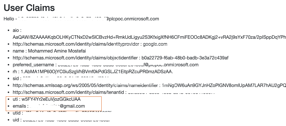 The claims now including the user's Gmail email under the emails key