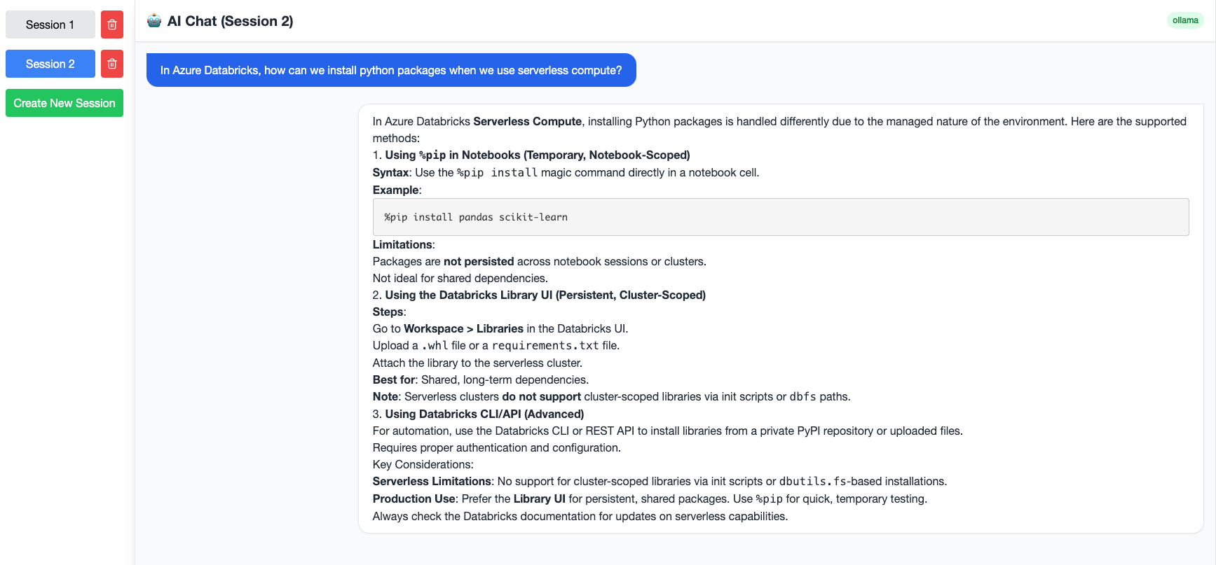 Multiple chat sessions open at once, each using a different model