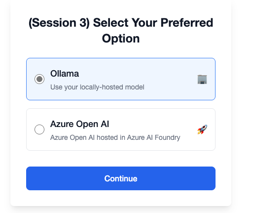 The model selector letting the user choose Azure OpenAI or a local Ollama model before starting a chat