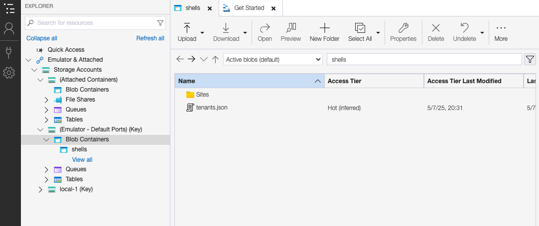 The Azure storage shell and data protection containers viewed in Azure Storage Explorer