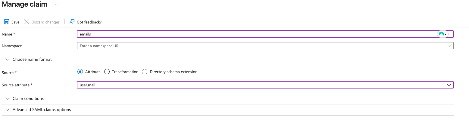 Adding a new claim named 'emails' mapped to the user.mail source attribute