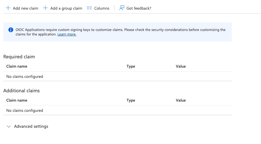 The Attributes & Claims editor for the App Registration