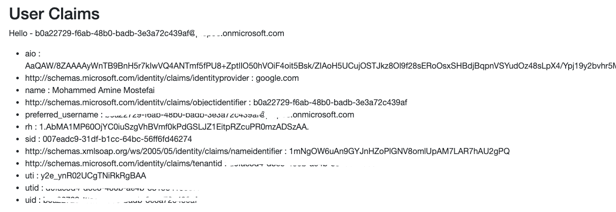 The default claims returned by the App Registration, missing the user's Google email
